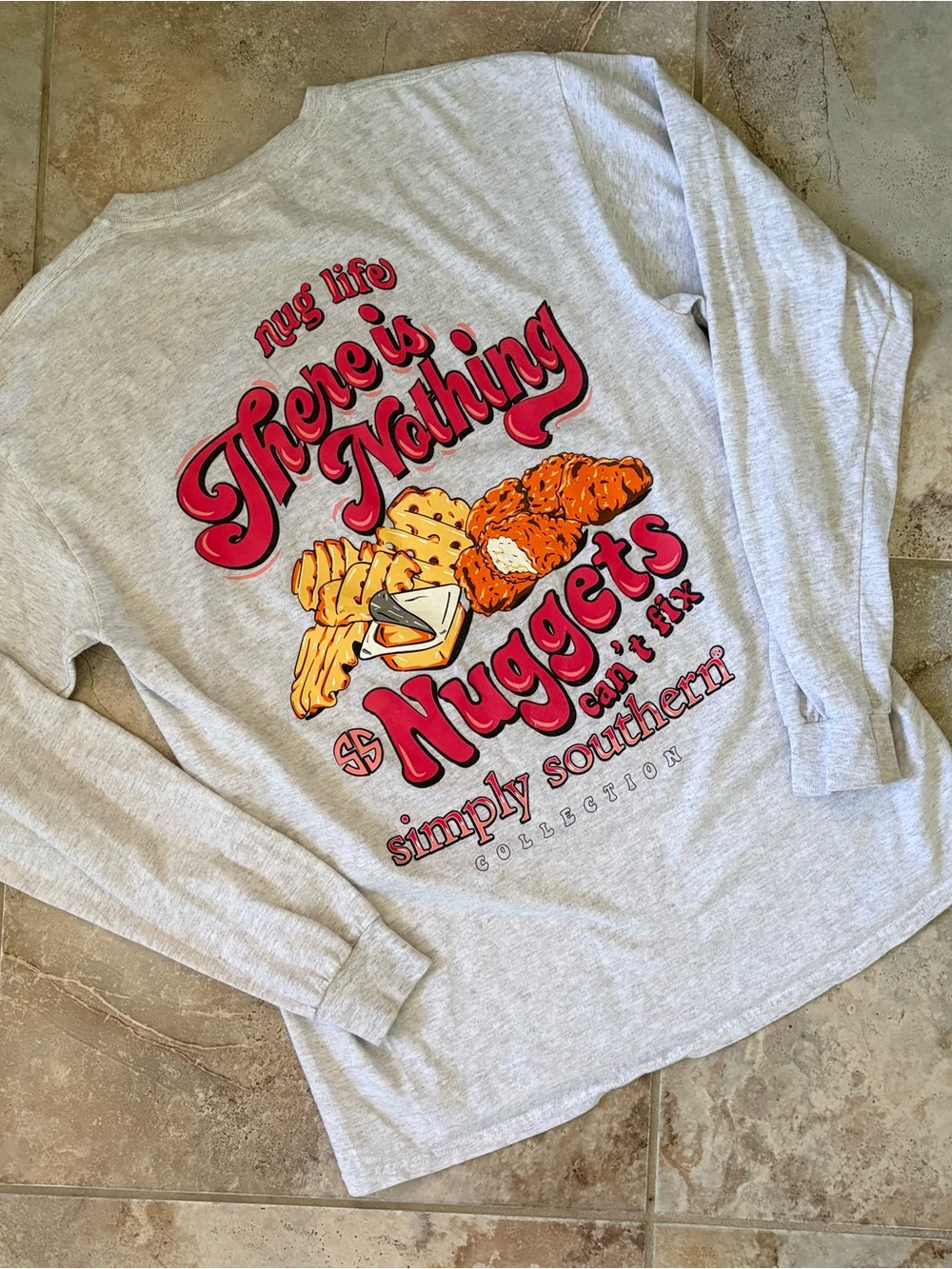 Nug Life Simply Southern Gray Long Sleeve Shirt Waffle Fries 100% Cotton Preppy
